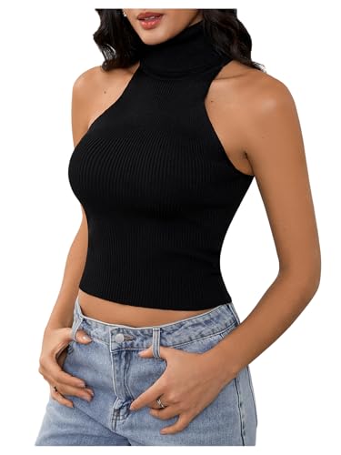 MakeMeChic Sleeveless Turtle Neck Tops Crop Mock Neck Tops for